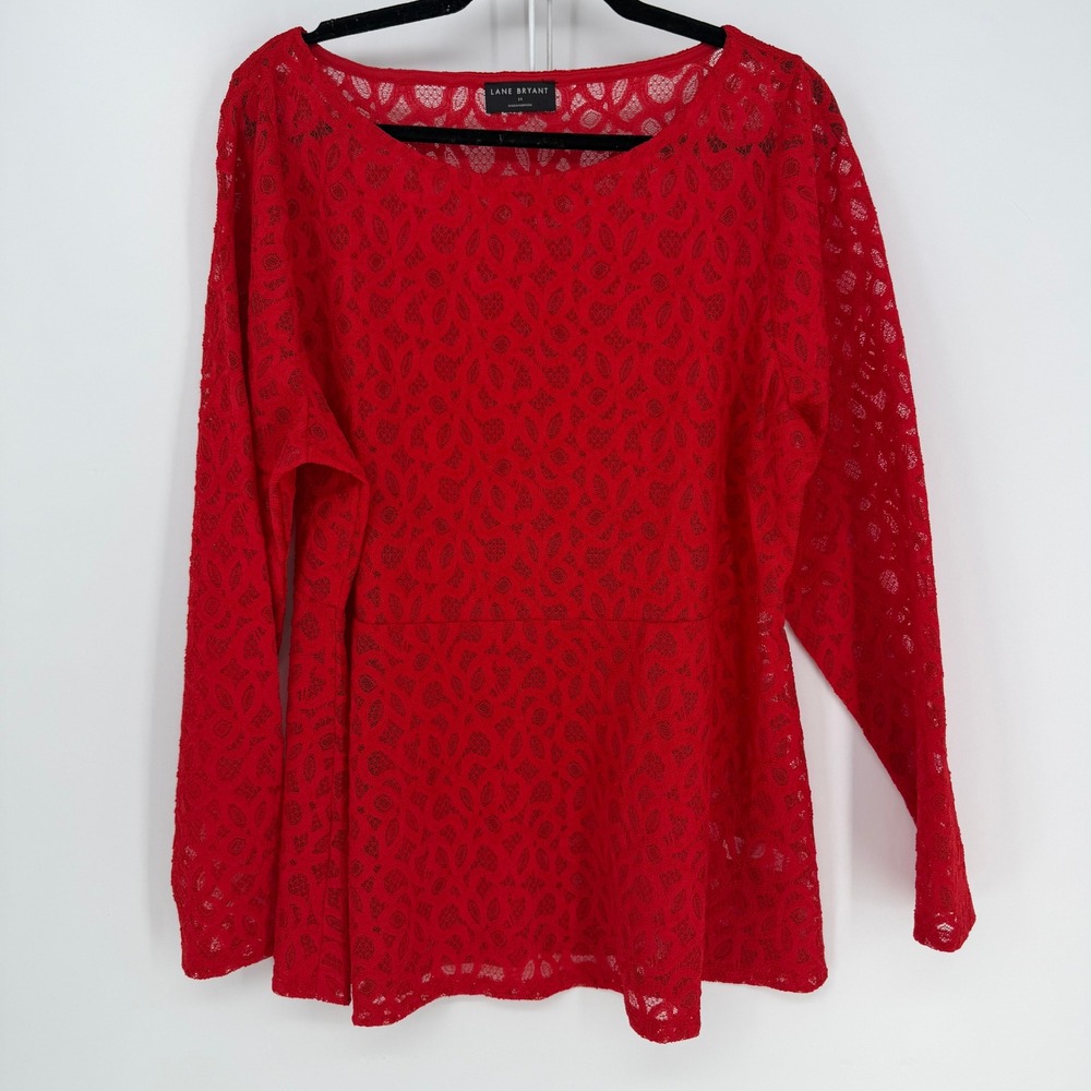 Lane Bryant Peplum Top Womens 14 Red Floral Lace Long Sleeve Scoop Neck Holiday